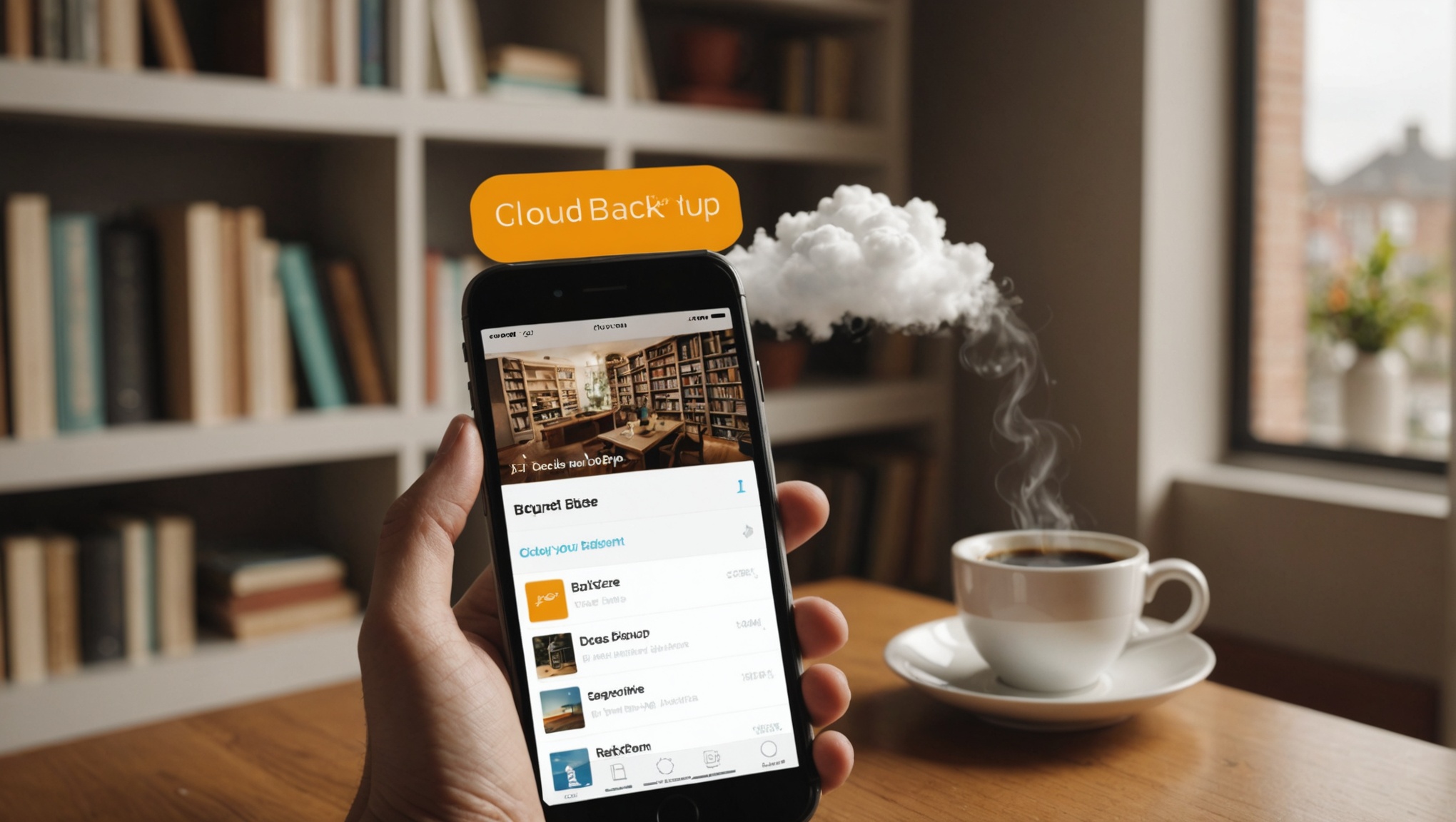 Рука держит смартфон с облаком, похожим на настоящее, и приложением для резервного копирования.