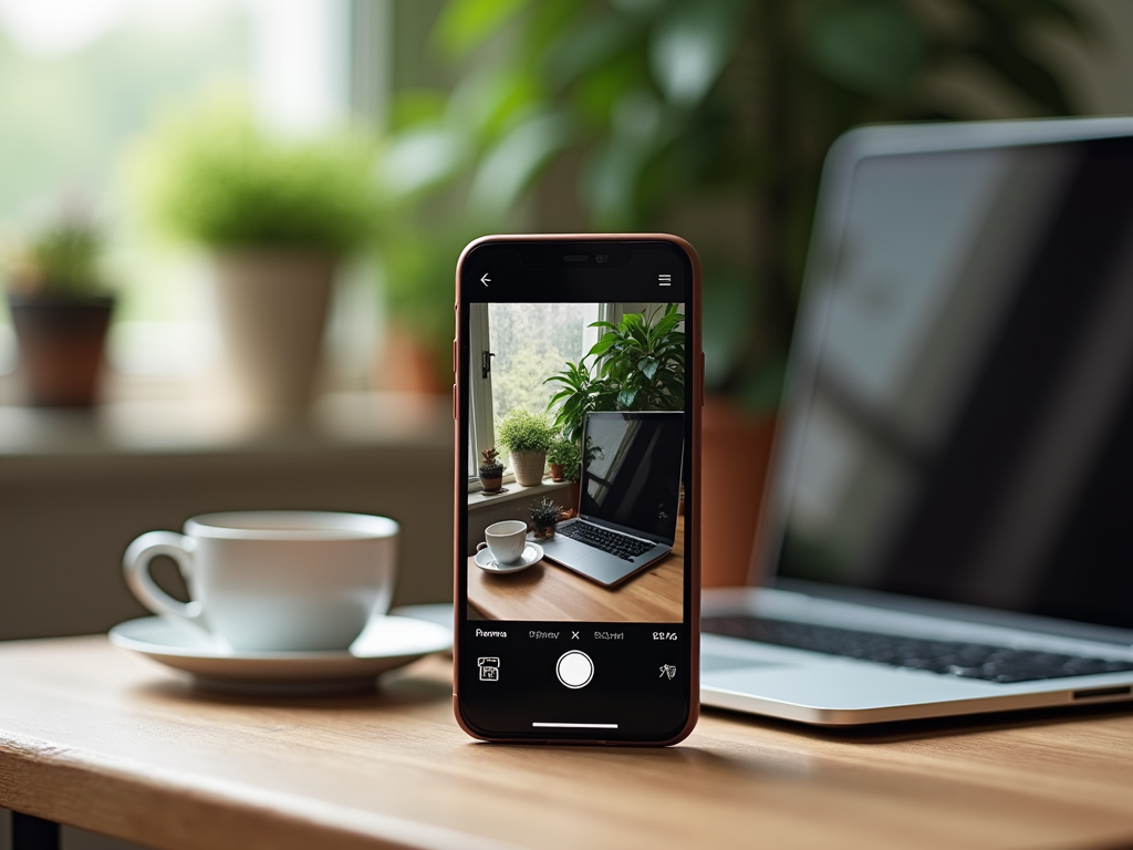 Смартфон с открытым фотоприложением направлен на стол с ноутбуком, чашкой и растениями.