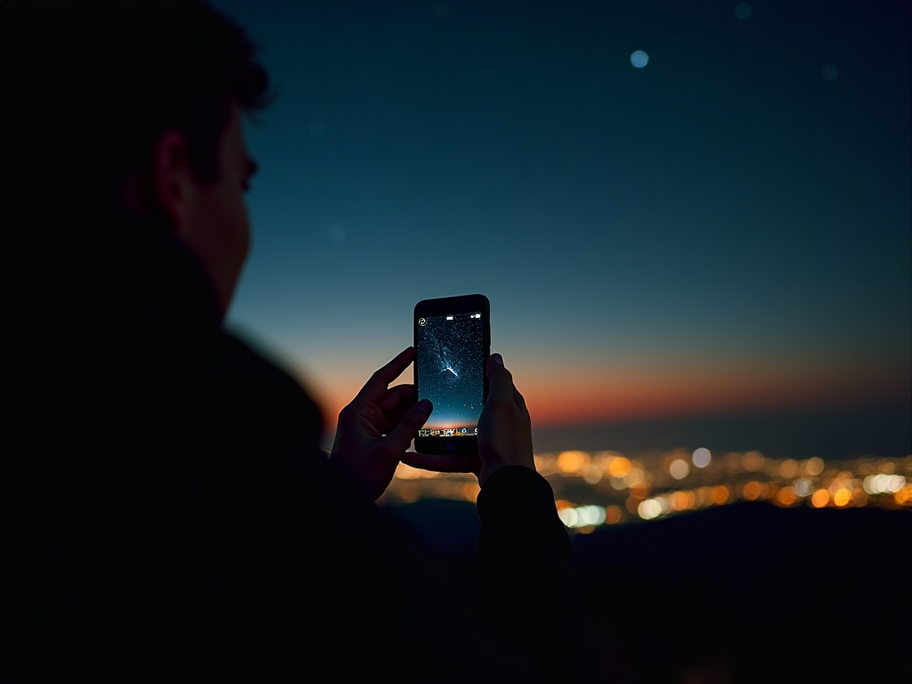 Человек держит смартфон, фотографирует ночной городской пейзаж после заката.